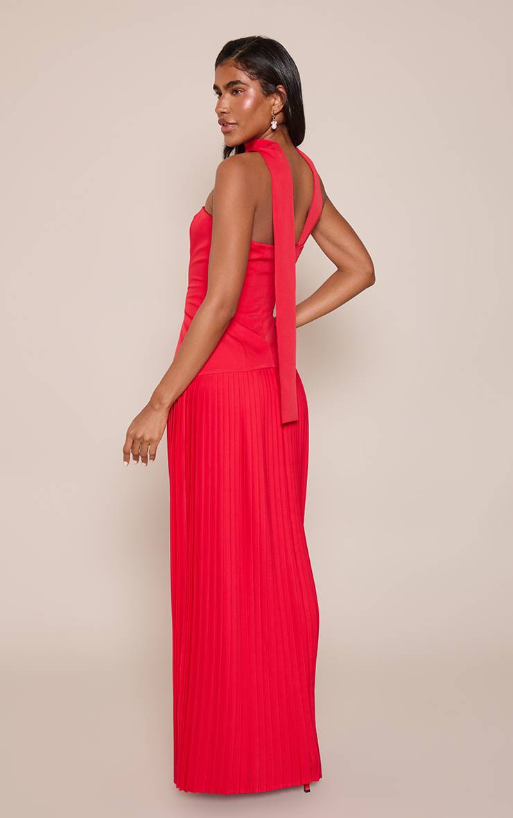 Rouge Robe Maxi Plissée Asymétrique En Tissu Tissé