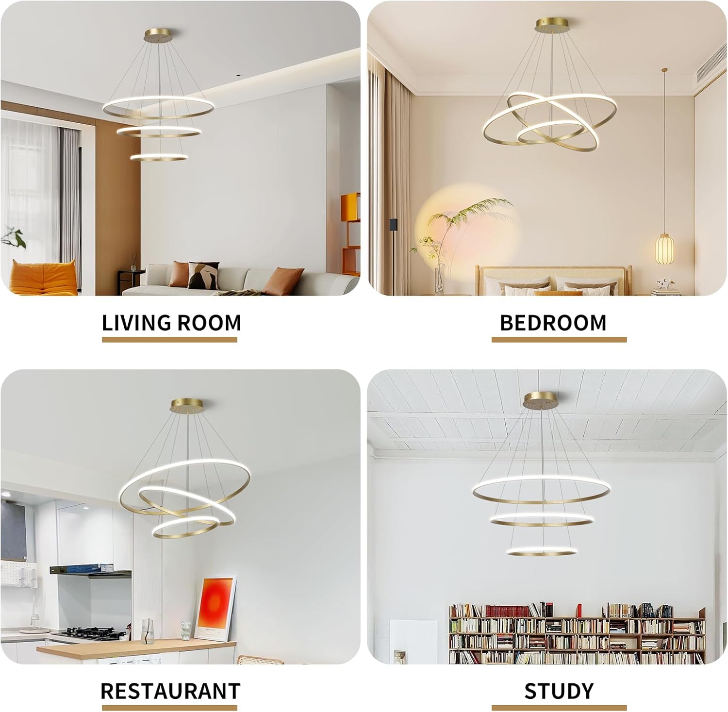 LED-Pendelleuchte, dimmbare Acryl-3-Ring-Pendelleuchte, goldene moderne Pendelleuchte, Esstisch für Kücheninsel, Esszimmer, Wohnzimmer, Schlafzimmer, Eingangshalle, hängend, 40 + 60 + 80 cm, 82 W