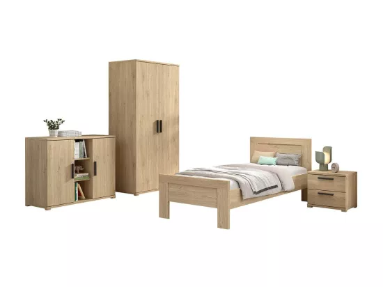 MARCO - Chambre Enfant Complète Lit 90x200cm Chevet Armoire 2P et Commode Aspect Chêne