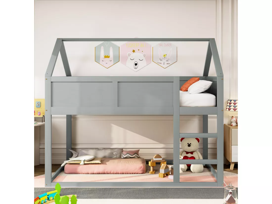 Lit superposé 90x200cm, lit cabane enfant avec escalier et 1x sommier à lattes en haut, cadre en bois massif, gris bois