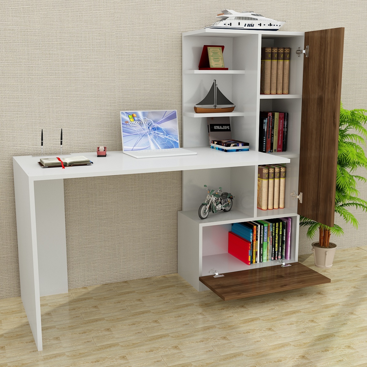 Schreibtisch - weiß-Walnuss - mit Regalelement rechts - 150 cm breit
