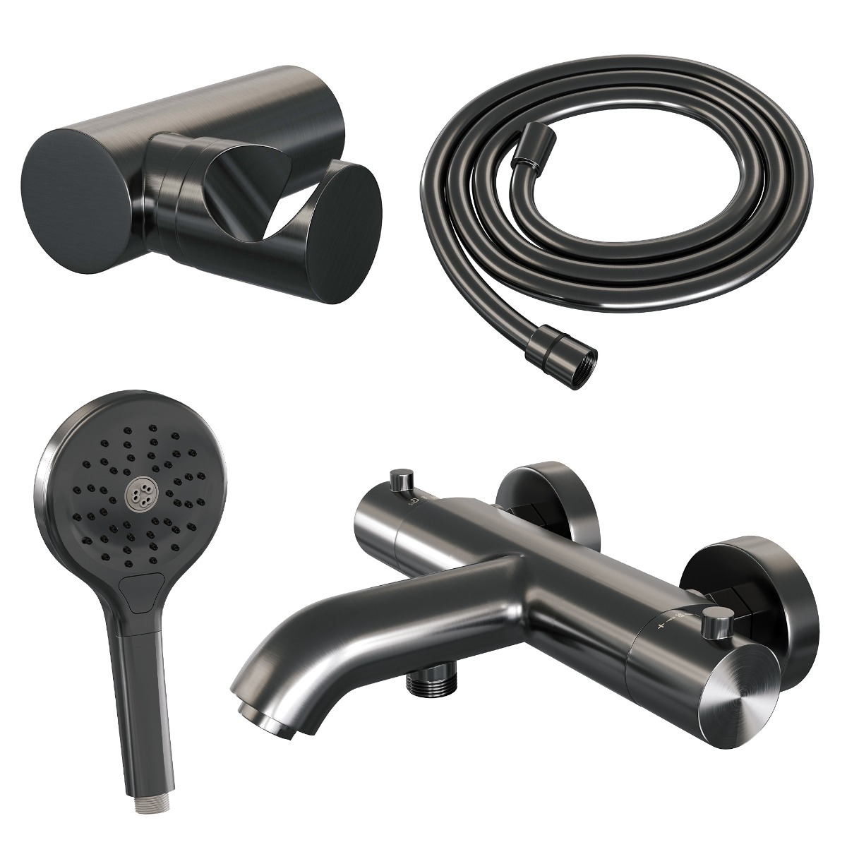 Brauer Gunmetal Edition thermostatische badkraan met wandhouder en 3 standen handdouche gunmetal geborsteld PVD
