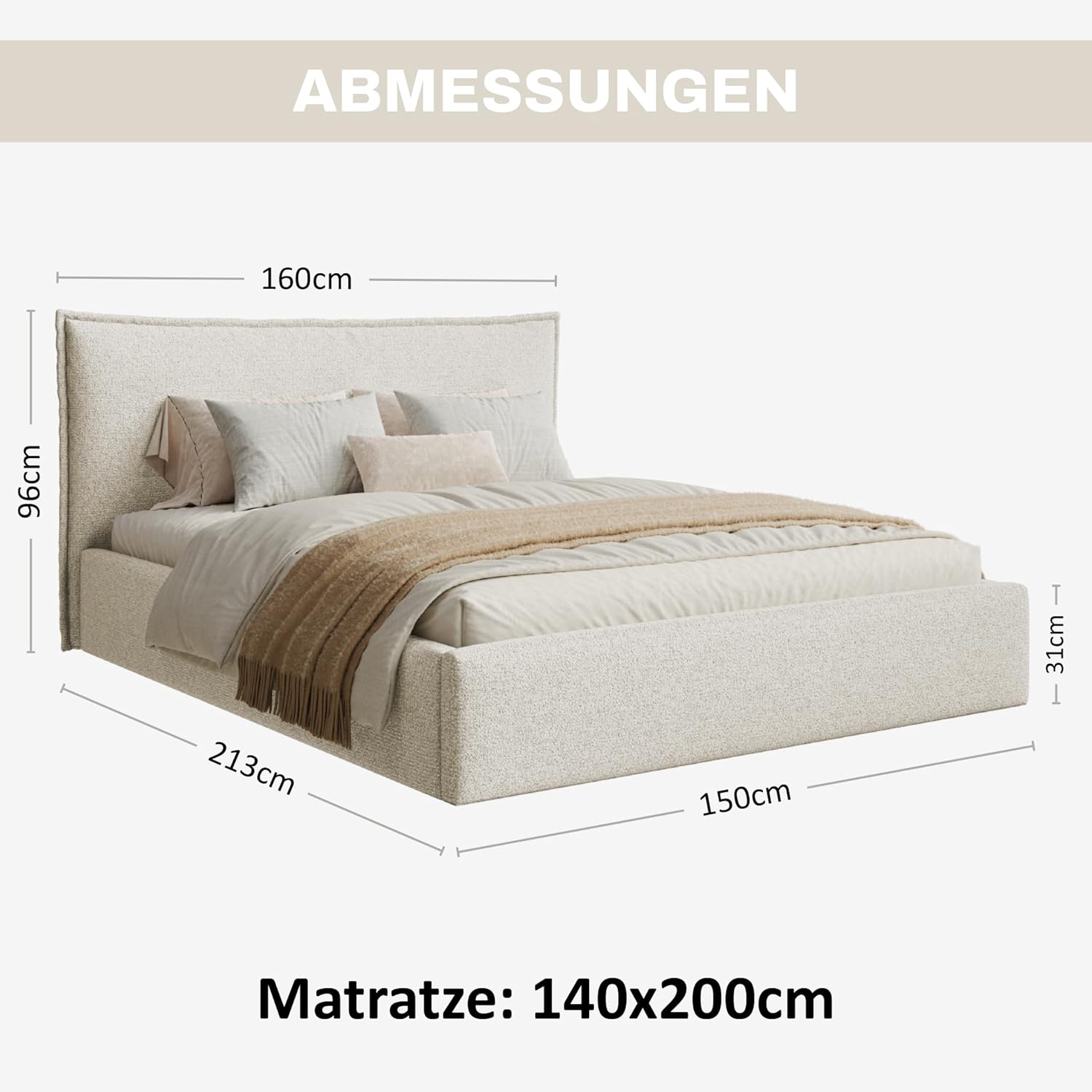 Leno Bett 140x200 Beige Strukturstoff, mit Stauraum, mit Kopfteil, mit Lattenrost, ohne Füße, ohne Matratze, Polsterbett 140x200 mit Bettkasten Beige (Creme)