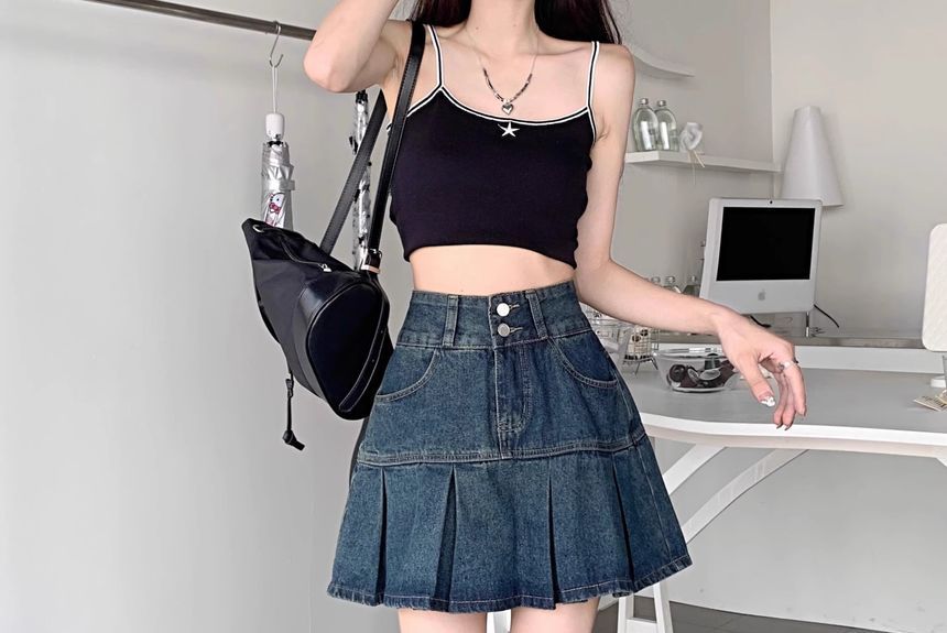 Girliepairs - Hoge taille gewassen geplooide mini A-lijn denim rok