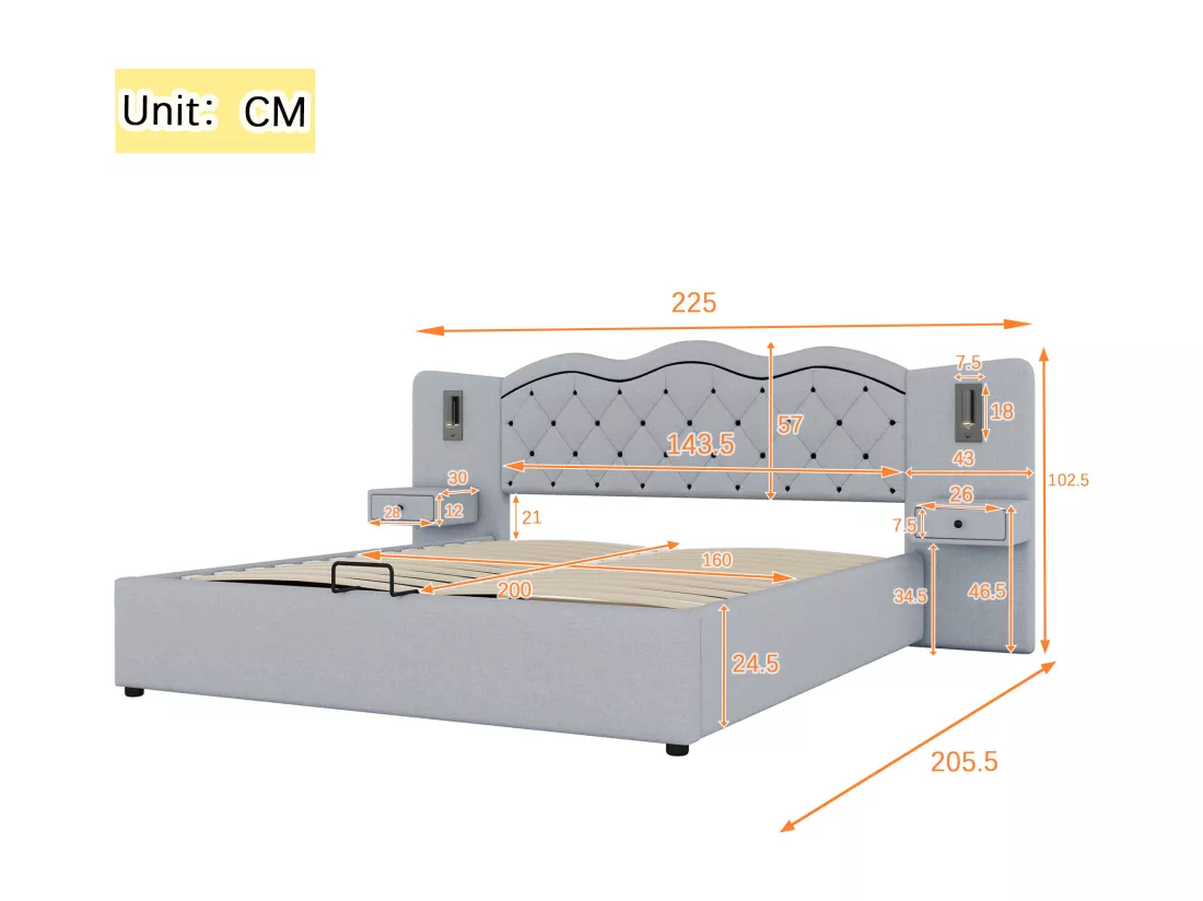 Lit coffre 160x200 cm en lin - 2 chevets de rangement avec prise USB et lampes - Gris