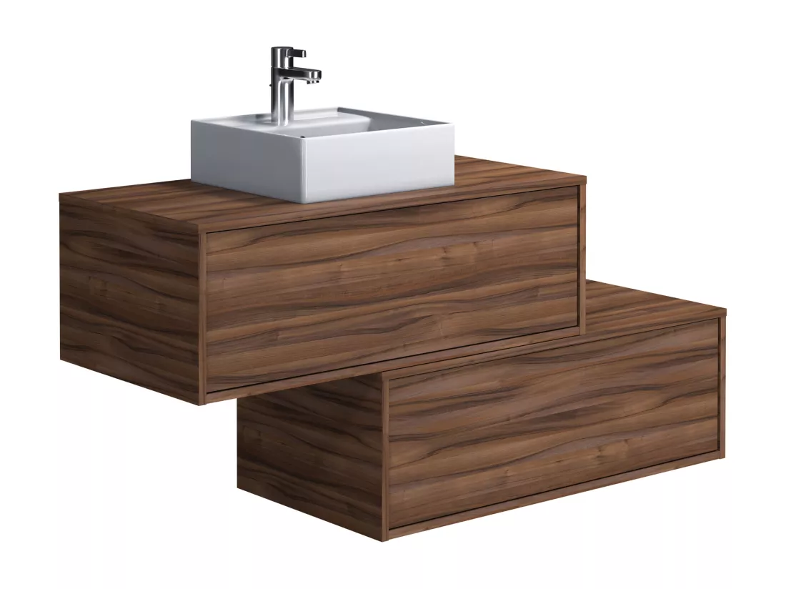 Meuble de salle de bain suspendu naturel foncé avec simple vasque carrée et deux tiroirs - 94 cm - TEANA II