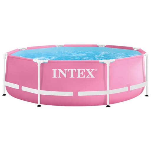 Piscina circular Intex rosa de 2,843 litros com estrutura metálica.