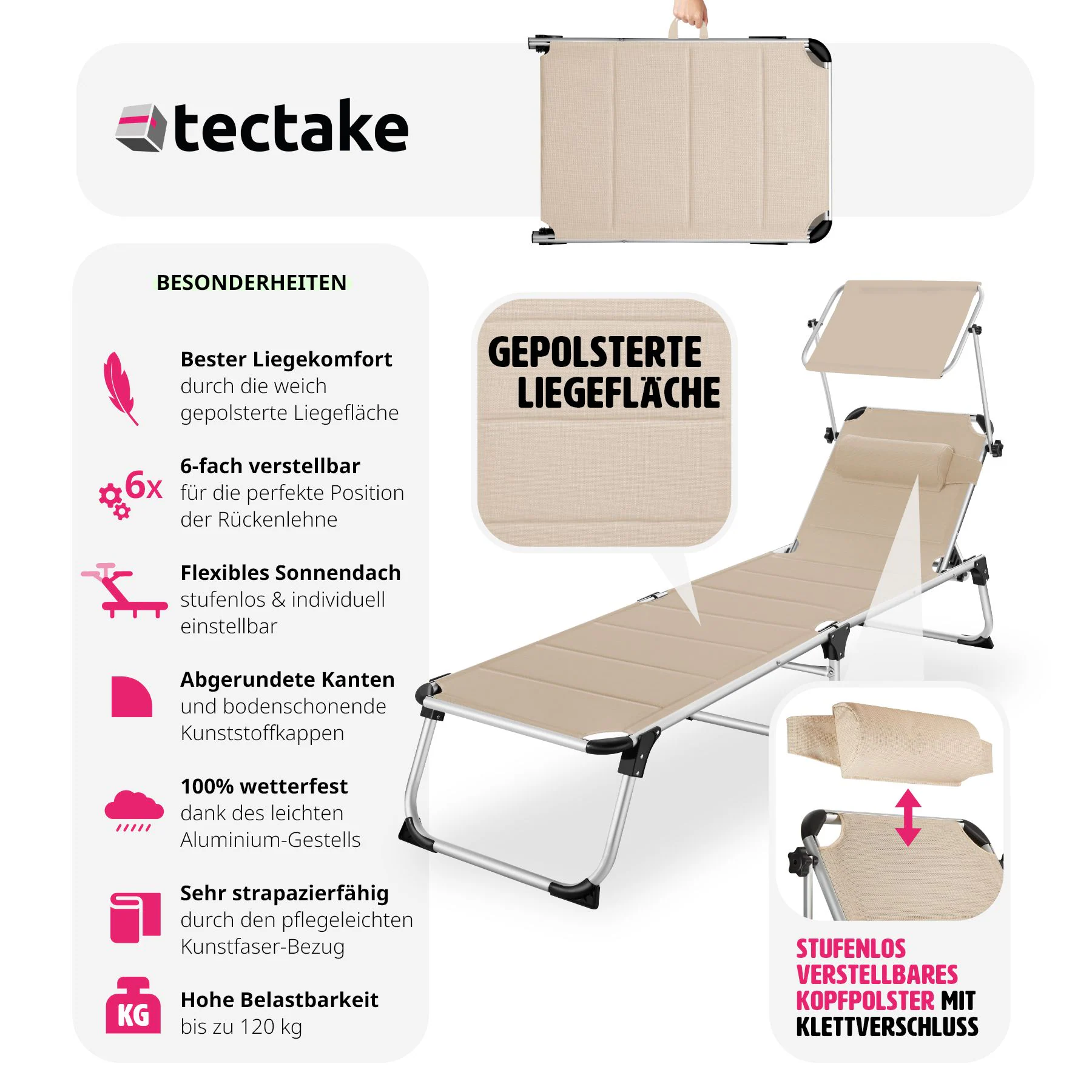 tectake® Sonnenliege, gepolstert, klappbar, 6-fach verstellbare Rückenlehne mit Kopfpolster, 217 x 60,5 x 72 cm