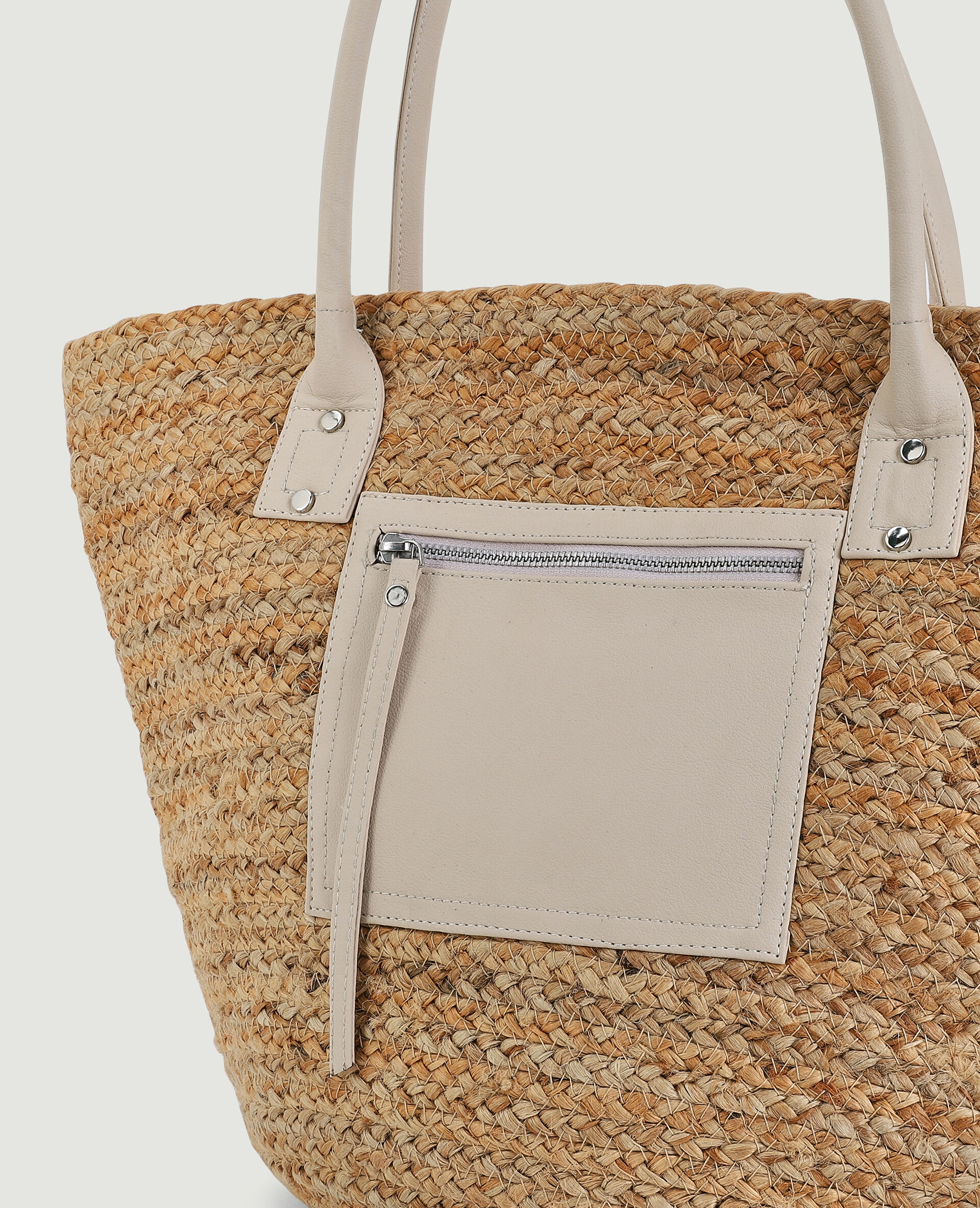 Sac cabas en paille détails simili - Écru