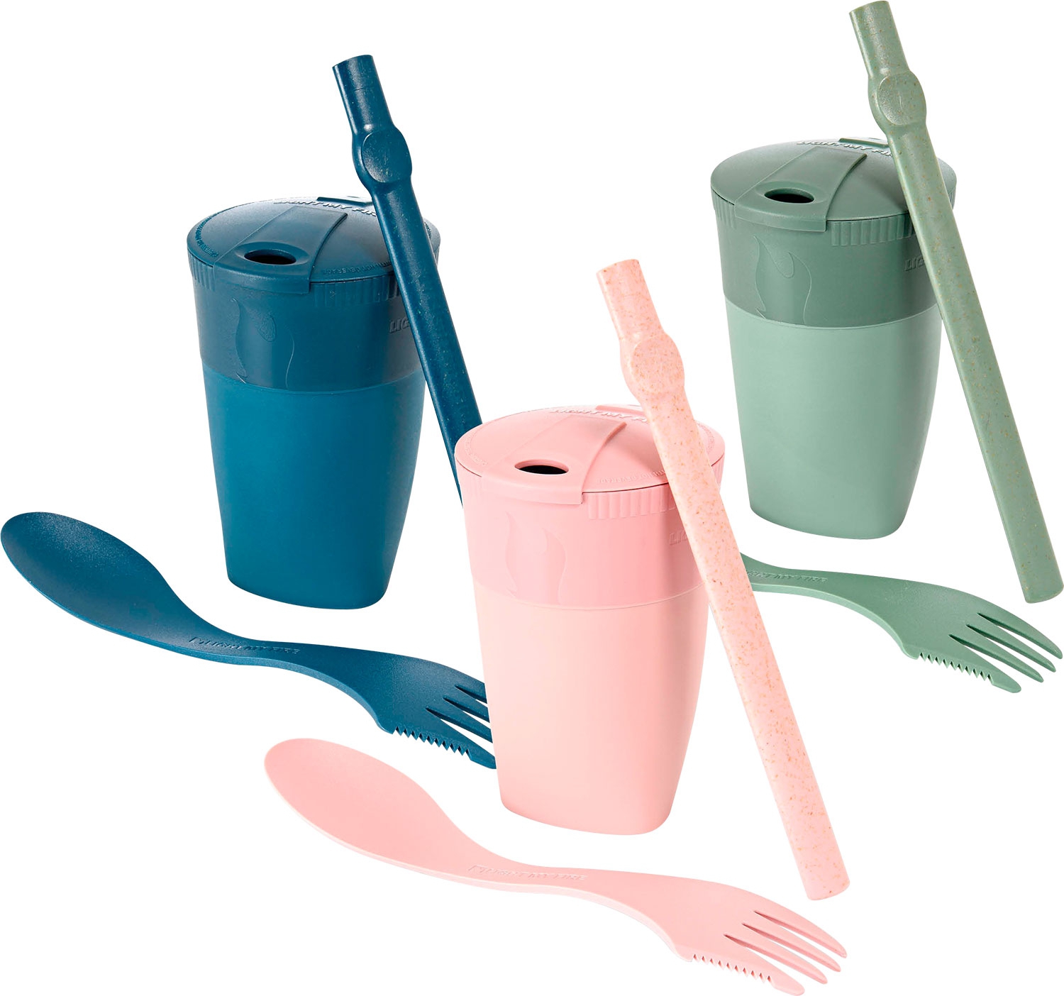 LightMyFire ReKit Trinkbecher mit Trinkhalm und Besteck aus Bioplastik Hazyblue