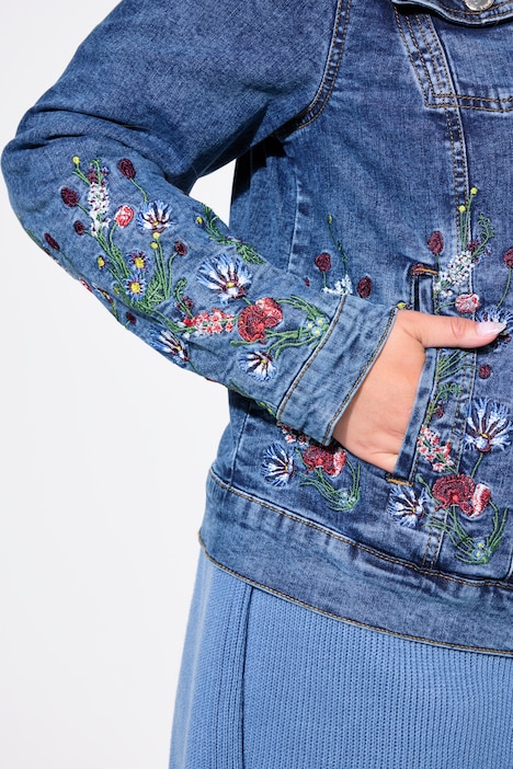 Jeansjacke, Blumen-Stickerei am Saum