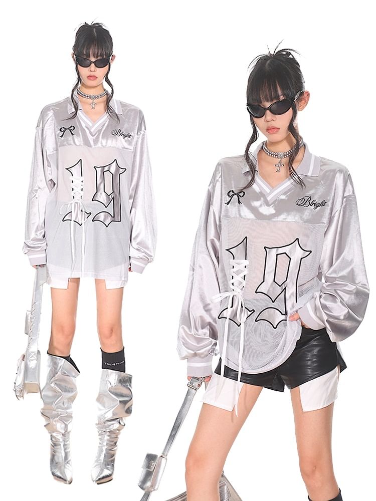 AXEN - V-hals nummer geborduurd veter mesh paneel oversized trui