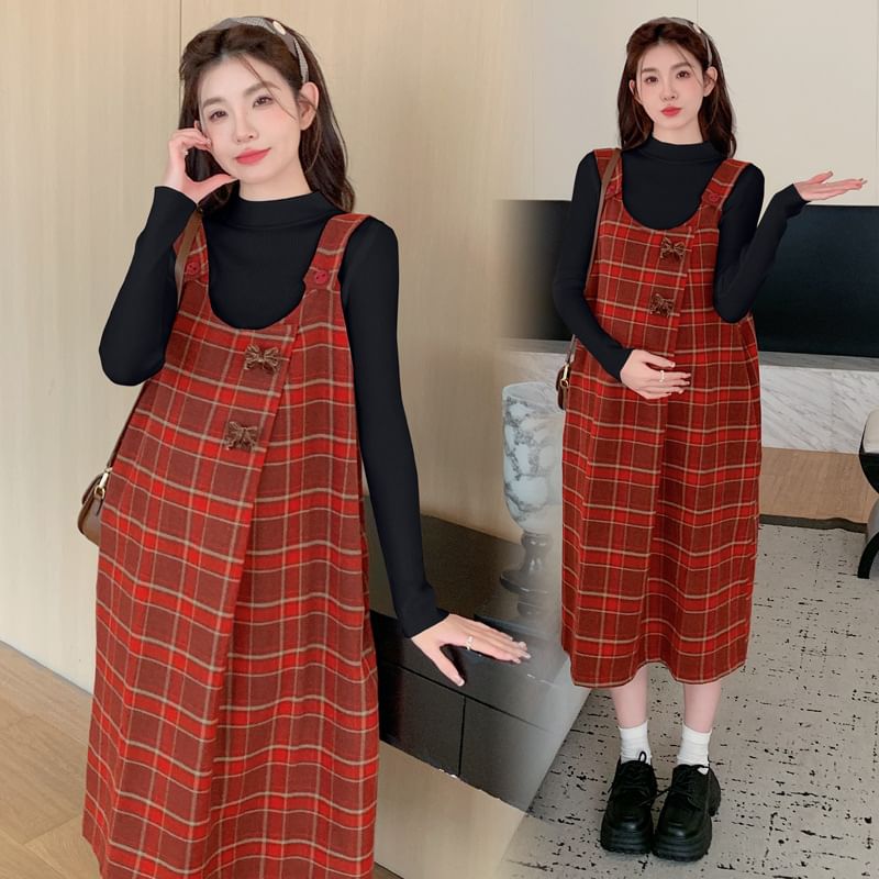 NOA - Zwangerschapsjurk met lange mouwen en een mockneck, effen T-shirt / geruite midi-jurk / set