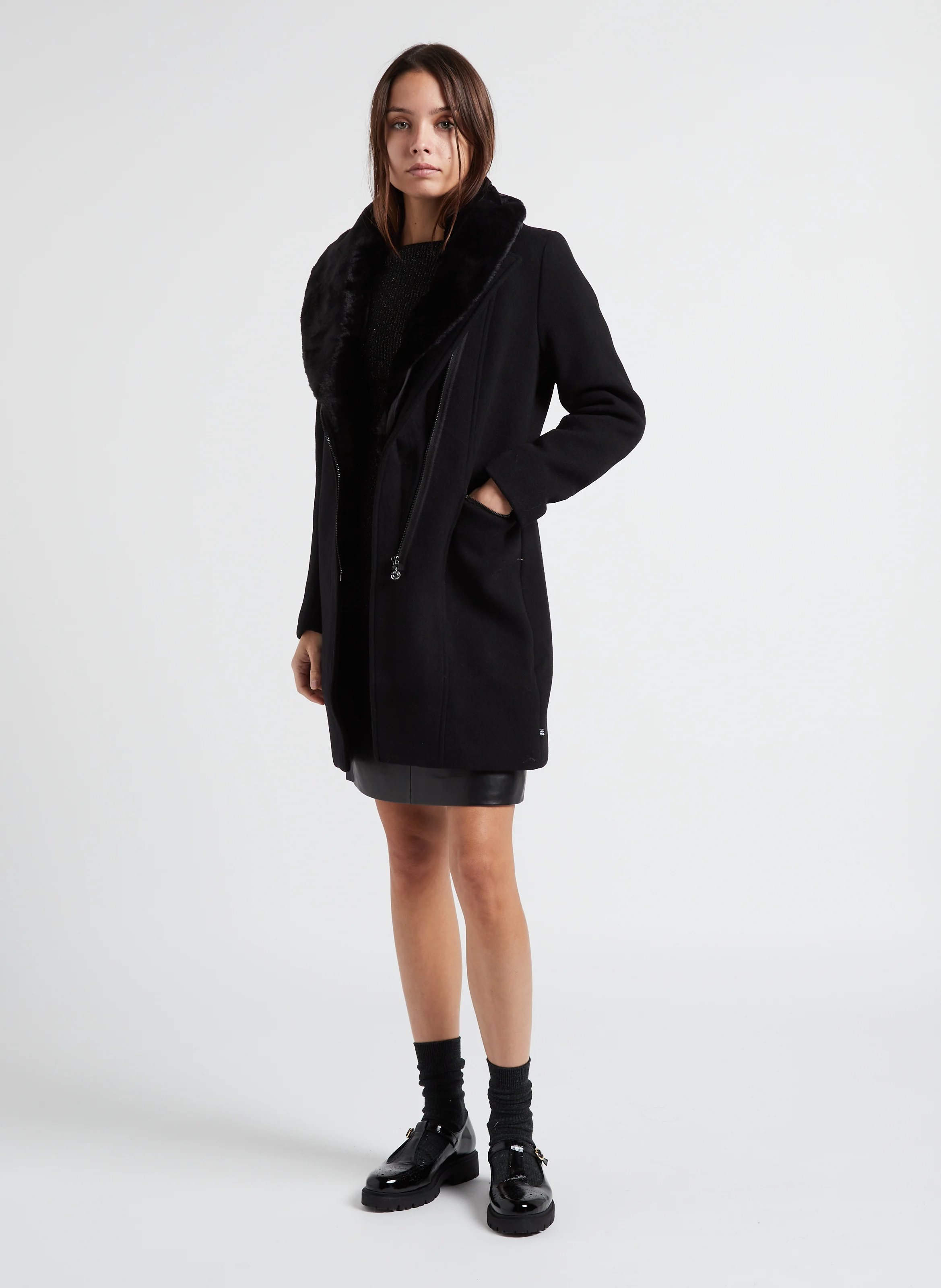 PHILINE - Manteau col tailleur en laine mélangée | Noir