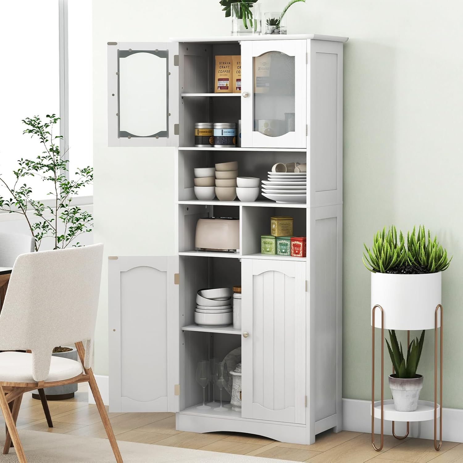 COSTWAY Badezimmerschrank, freistehender Hochschrank mit 4 Türen & Regalen & Verstellbarem Einlegeboden, Badschrank mit Kippschutz für Wohnzimmer, Badezimmer, Küche, Weiß, 60 x 30 x 148,5 cm