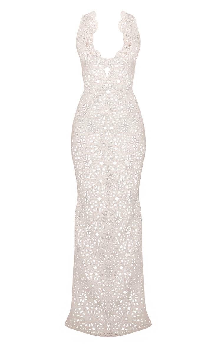 Blanc Robe Longue De Plage À Décolleté Plongeant En Crochet Fleuri