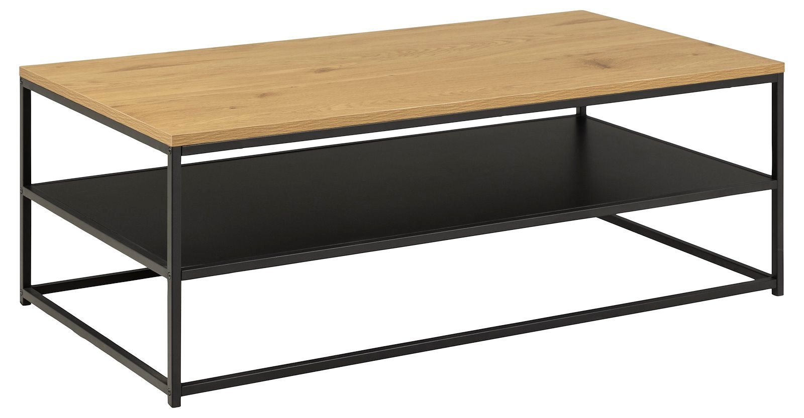 Gila sofabord Melaminplate i eik med sort melaminhylle og matt sort pulverlakkert stålunderstell. 120x60x42cm
