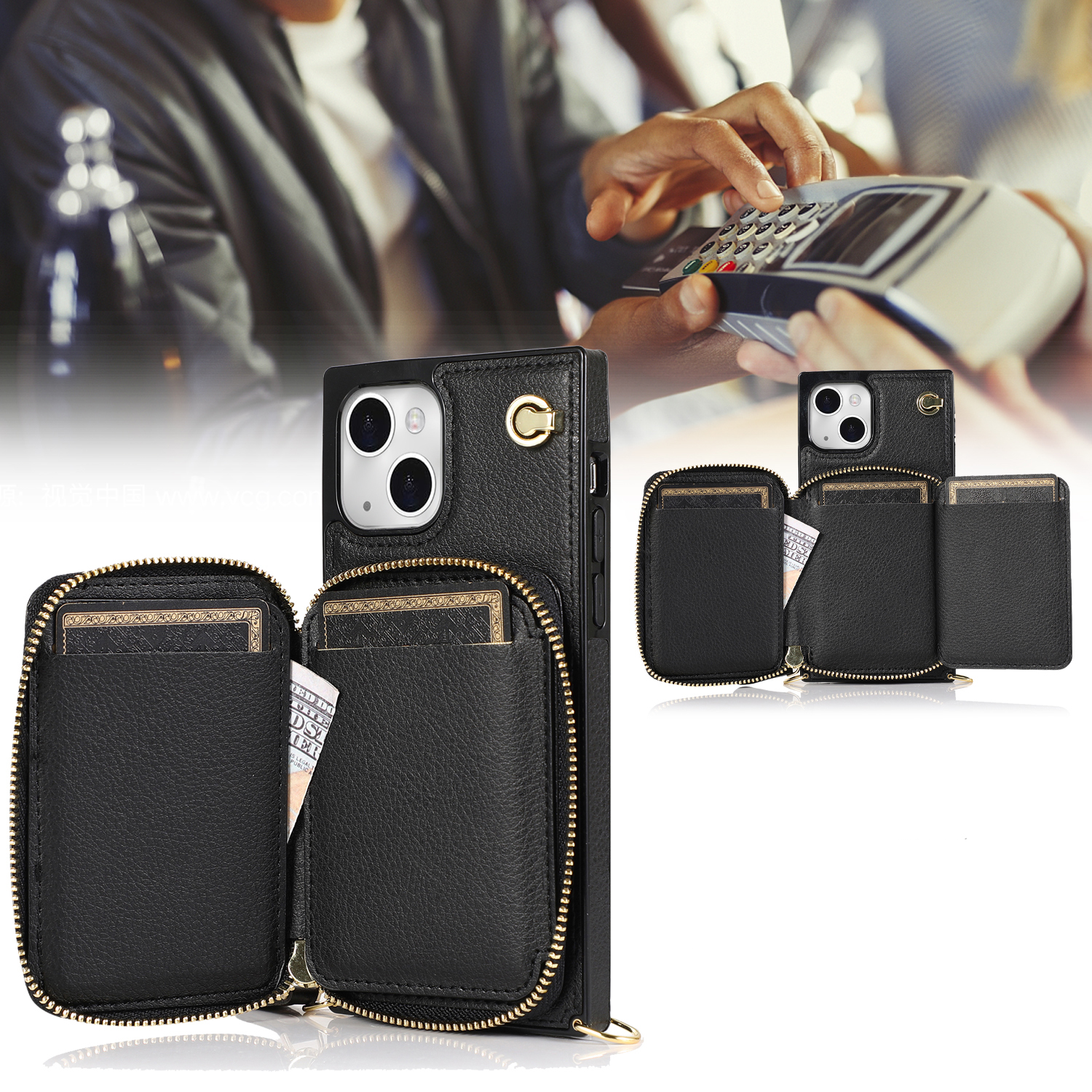 iPhone 13 Necklace Leder Schutz Hülle mit Kartenfächer   Handykette (140cm) - Schwarz
