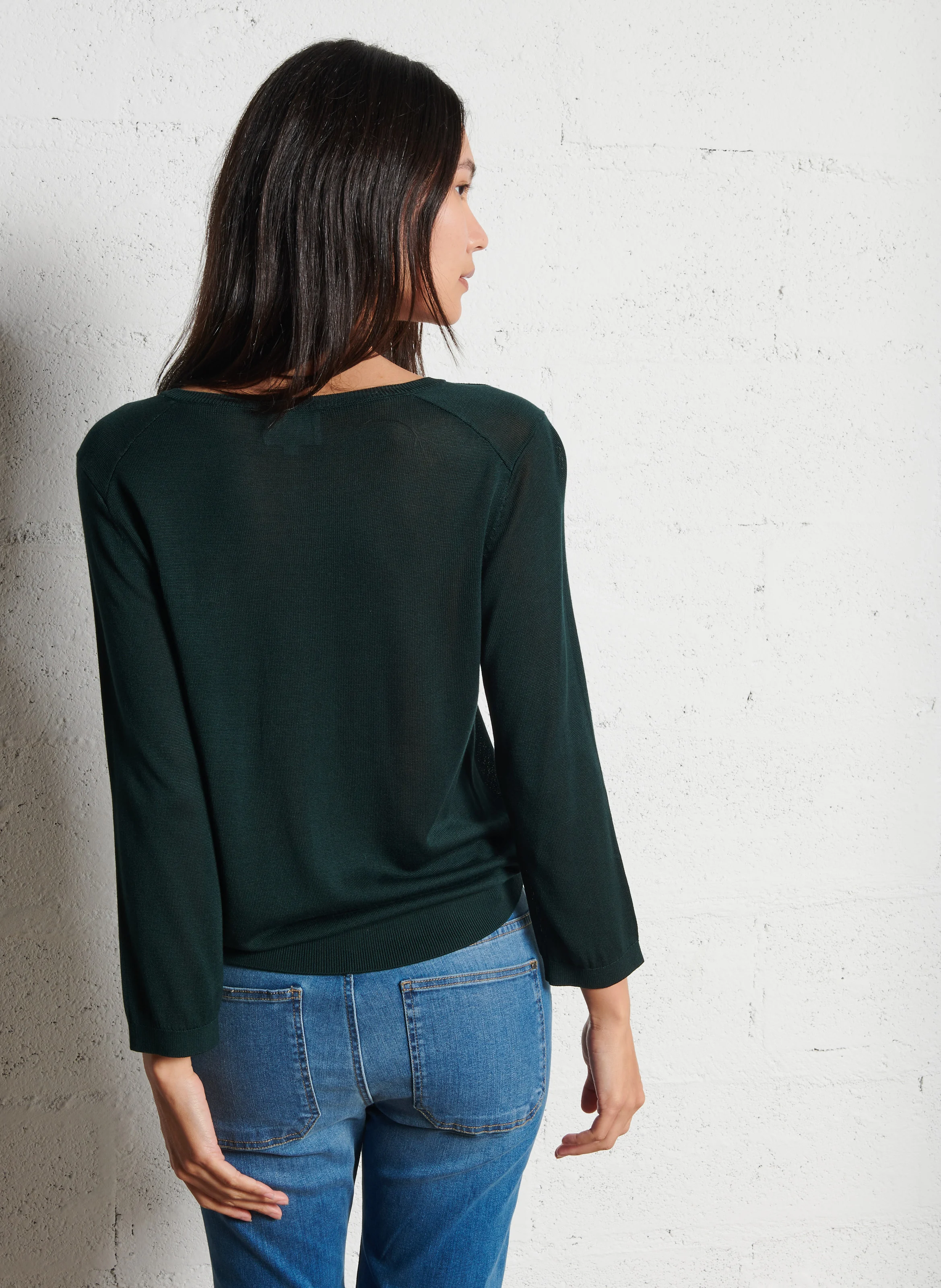 CARLY - Pull droit col rond en maille fine | Vert