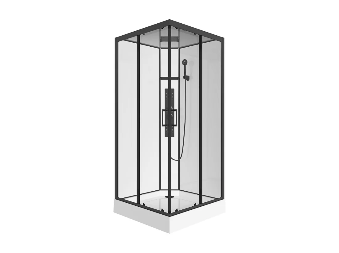 Cabine de douche hydromassante carrée - Noir mat et blanc - L90 x l90 x H215 cm - TANITO