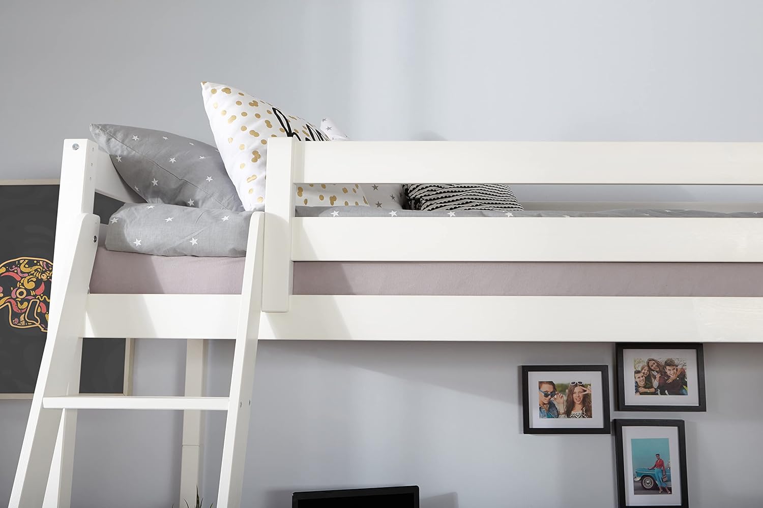 TiCAA Hochbett „Felix“ mit Schreibtisch Kiefer massiv Weiß