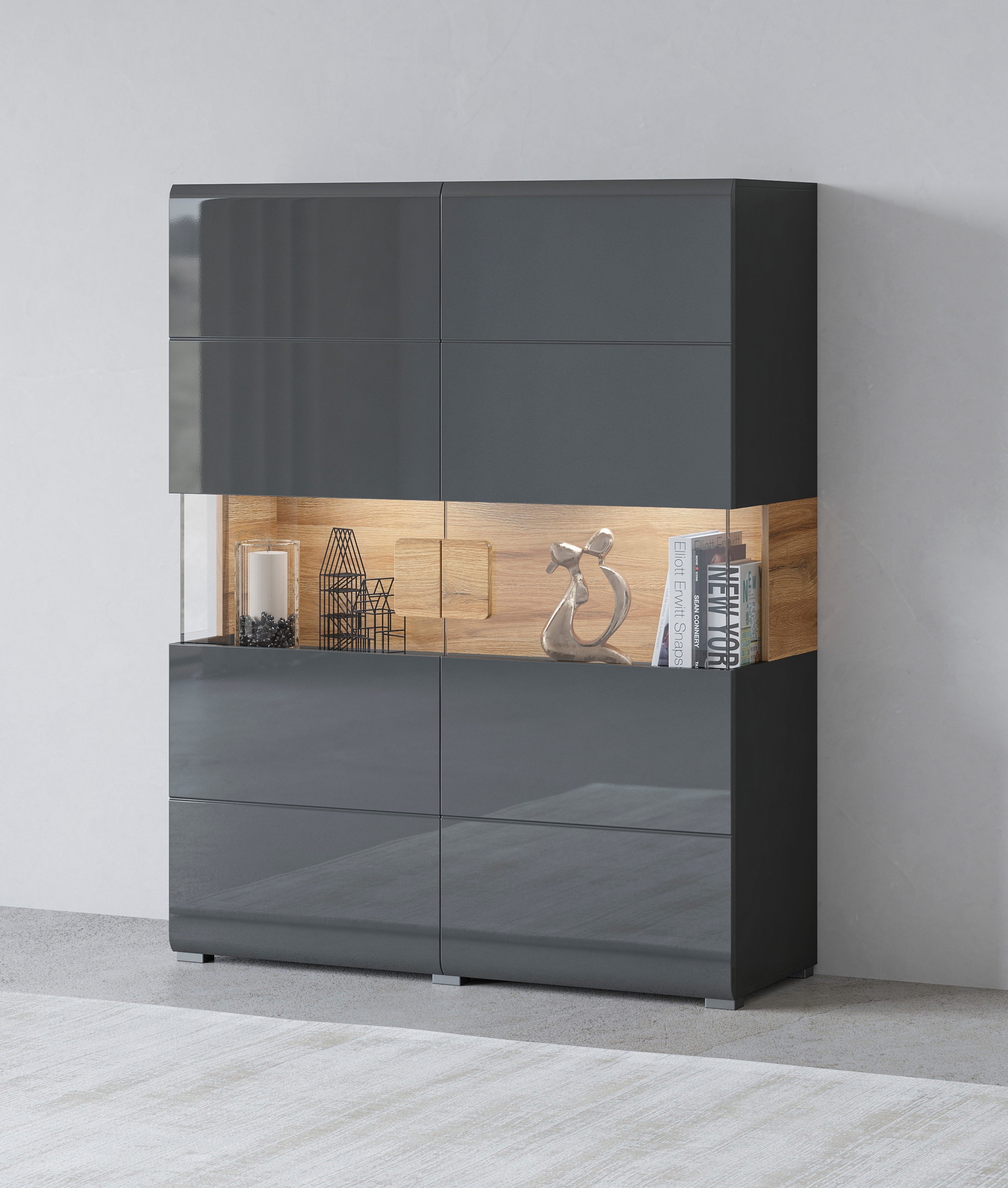 INOSIGN Highboard »Toledo,Breite 121,5 cm, trendige Hochkommode mit 2 Türen« Hochschrank mit Glas-Partien,stylische Hochglanzfronten