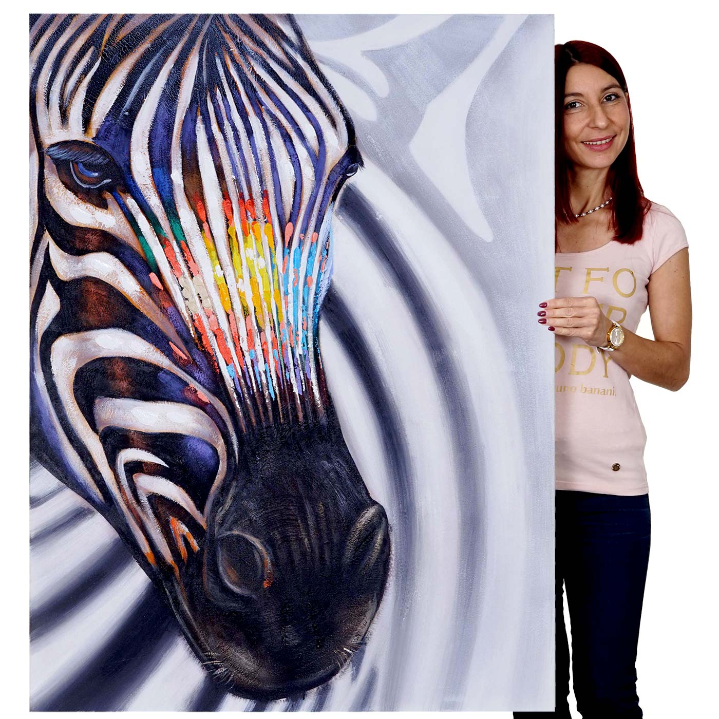 Wandbild Zebrakopf, 100% handgemaltes Ölgemälde Gemälde XL, 90x120cm