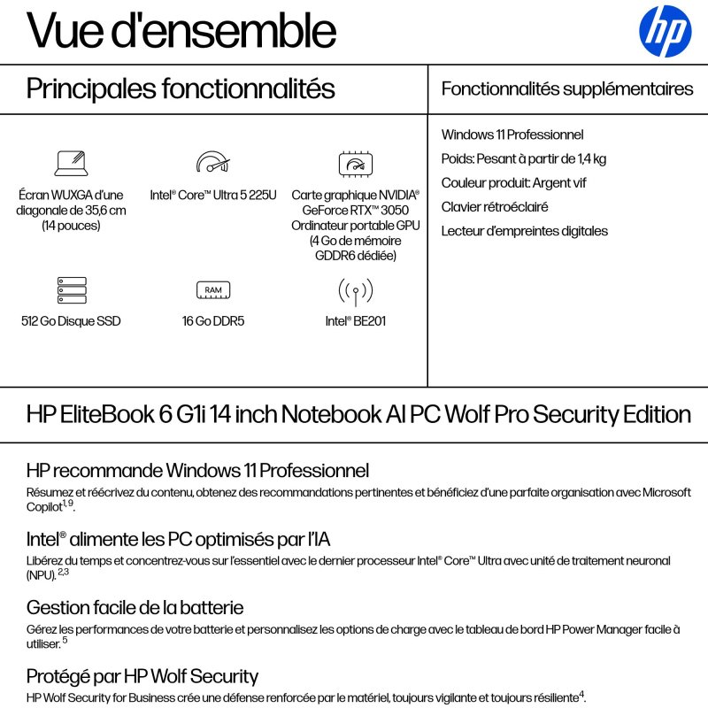 HP EliteBook 6 G1i AI PC Wolf Pro Security Edition Intel Core Ultra 5 225U Ordinateur portable 35,6 cm (14