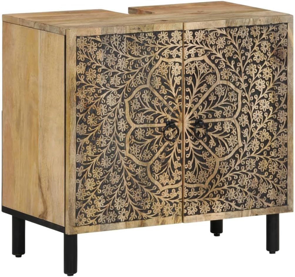 vidaXL Waschbeckenunterschrank, Waschbeckenschrank mit viel Stauraum, Waschtischunterschrank mit Eisenbeinen, Badschrank Badezimmerschrank, Massivholz Mango
