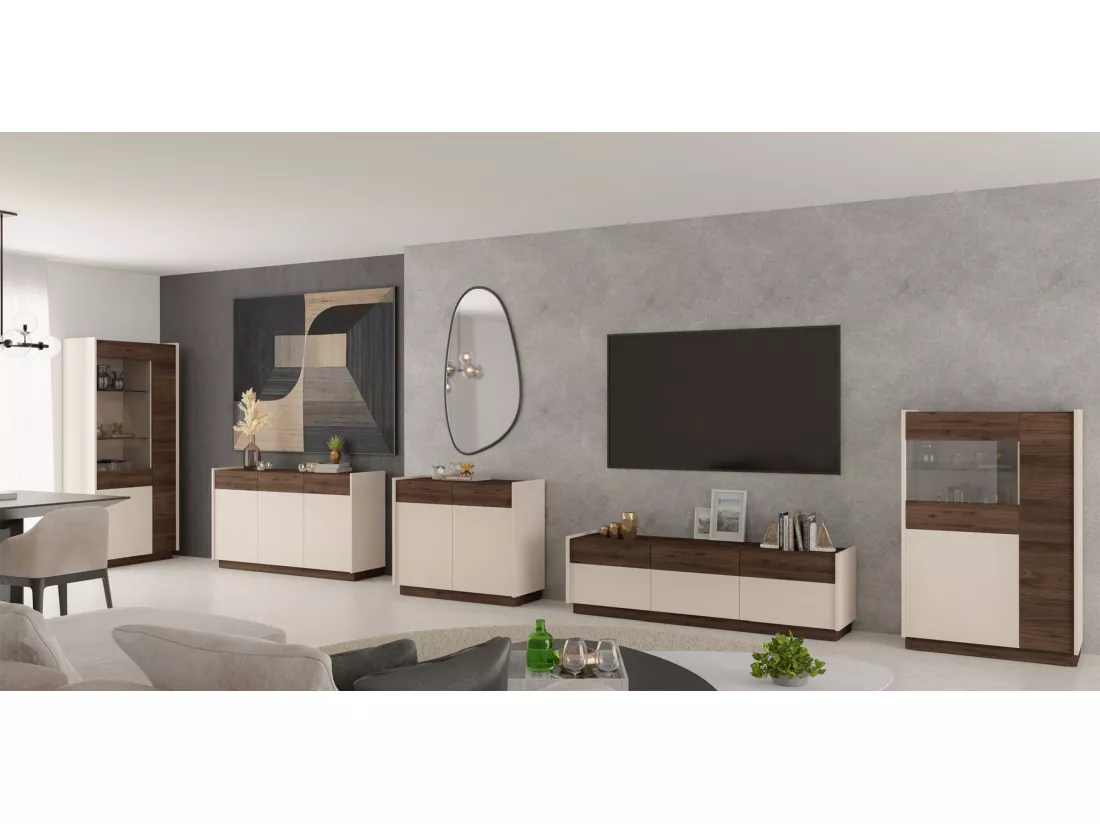 Vitrine basse à 3 portes - 85 cm - beige / noyer okapi - KOBBE