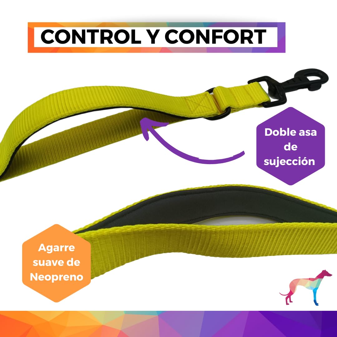 Guia para cães EGV com múltiplas posições e alça dupla de neoprene. Guia para cães que permite o uso com as mãos livres, com 2,5 metros de comprimento. (Amarela)