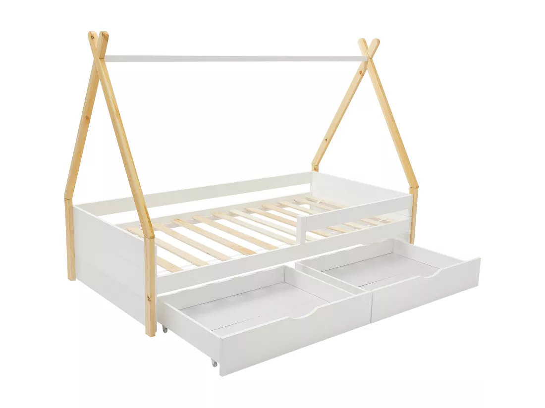 Lit tipi 90 x 190 cm avec tiroirs - Pin et MDF - Coloris : Blanc et naturel - LUANCO