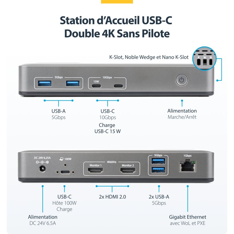 StarTech.com Station d'Accueil USB-C à Deux Écrans, HDMI, 4K 60Hz, Recharge d'Ordinateur Portable 100 W, 1 GbE, Sans Pilote, Station d'Accueil Multi-Écrans pour Windows