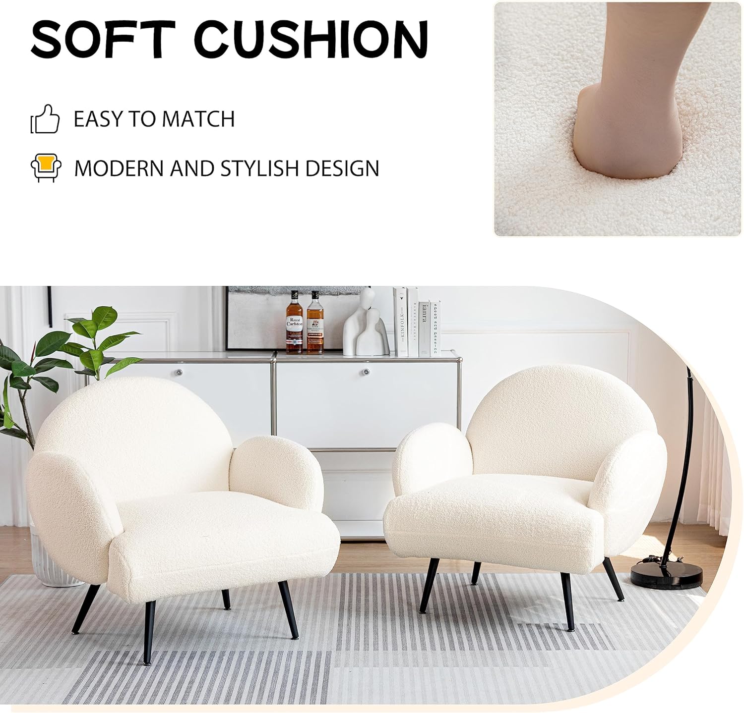Sessel Moderner Loungesessel Einzel Loungesofa Lounge Sofa Gemütlicher Teddystoff Schwarze Metallbeine Geeignet für Wohnzimmer Schlafzimmer, Weiß