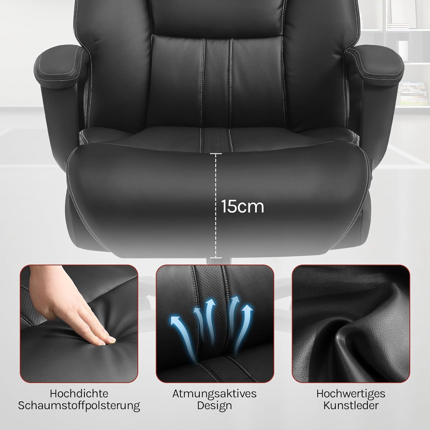 WOLTU Bürostuhl Chefsessel 150 kg, Ergonomischer Großer Computer Schreibtischstuhl, Bürosessel mit Kopfstütze for Büro, Gaming-Raum oder Konferenzraum, Kunstleder, Schwarz