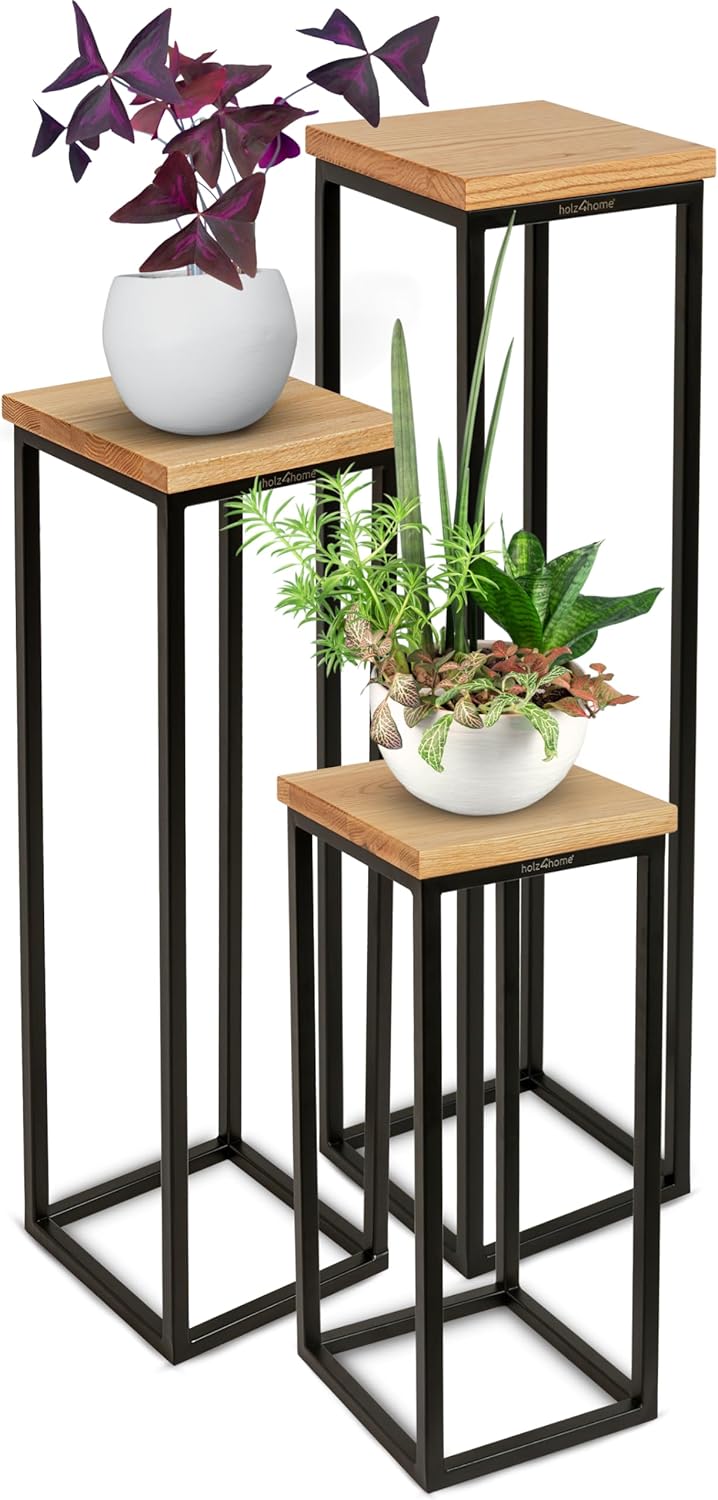 holz4home® Dekoständer aus massiv Eichenholz I Blumenständer Natur Geölt I 3 Größen im Set I Dekosäule mit Stahlrahmen I Blumentreppe aus Metall & Holz Geölt