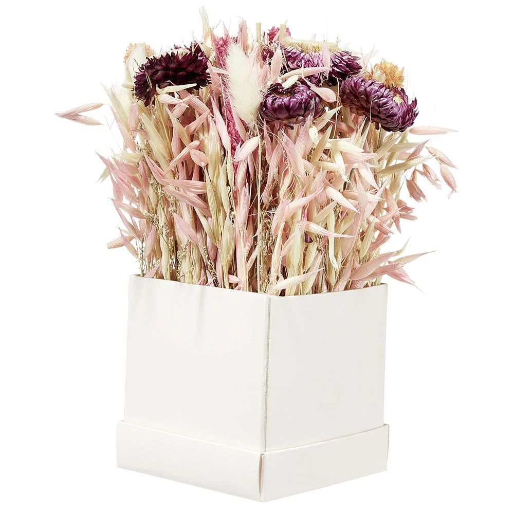 Boîte de fleurs séchées roses 9,5x9,5x9,5cm