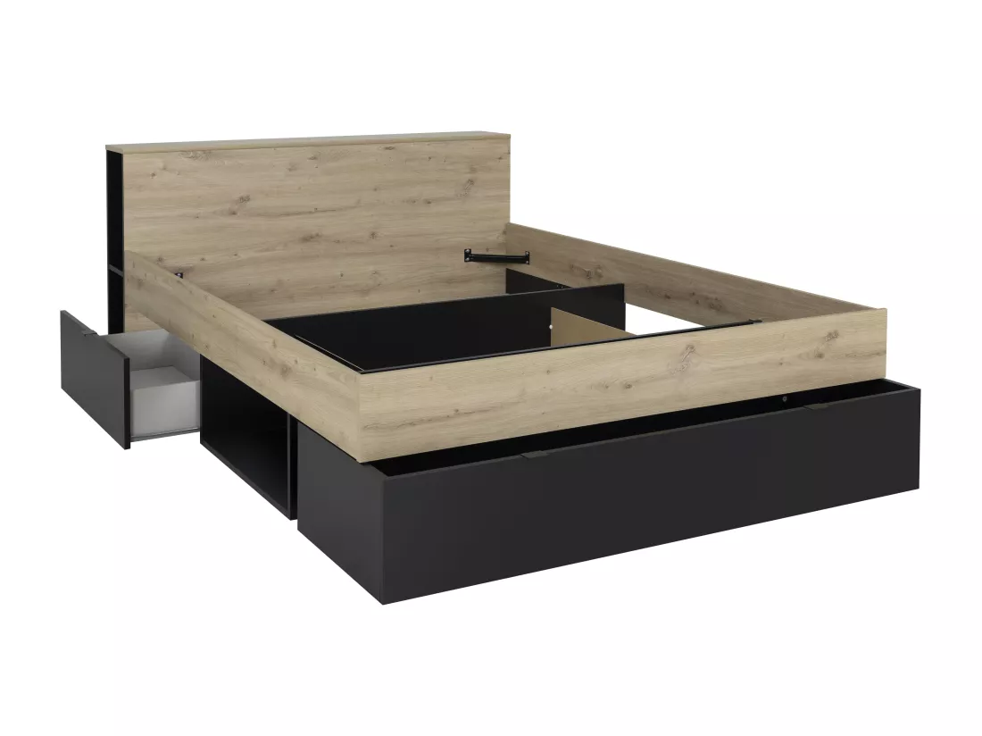 Lit 140 x 190 cm - 3 tiroirs et 6 niches - Naturel et noir - CIKETO