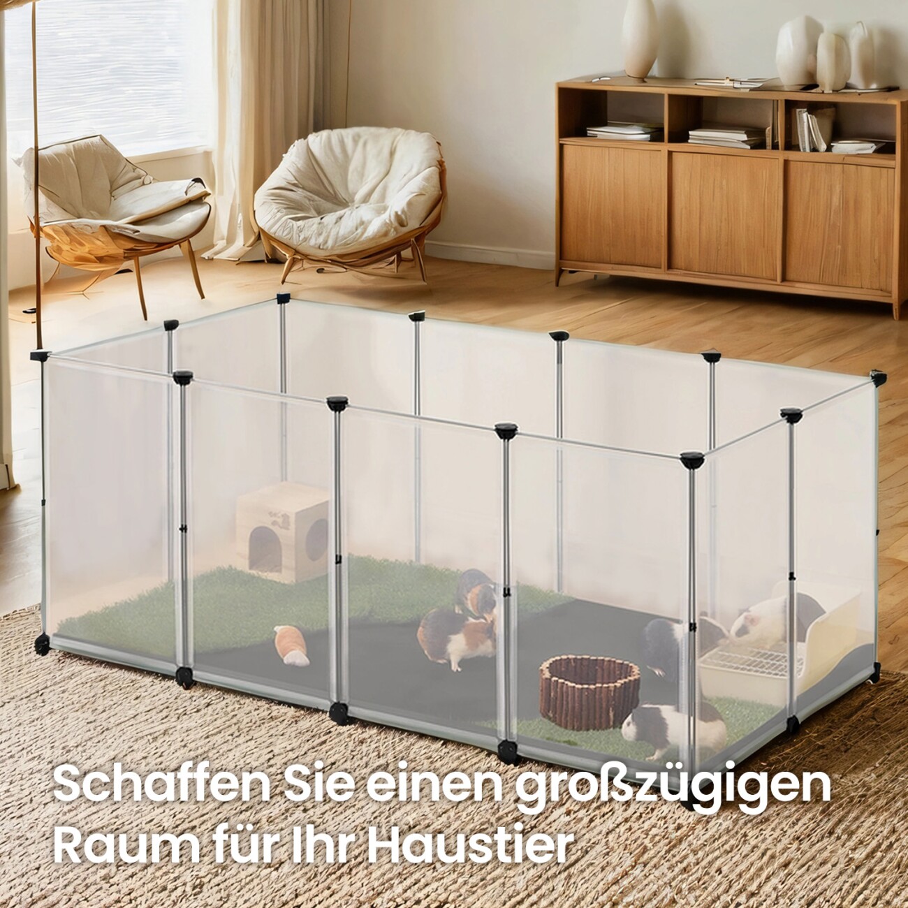 SONGMICS L-XL Kleintiergehege mit wasserfester Unterlage weiß 1,25 m, 63 cm, 42 cm