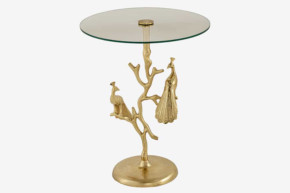 Runder Beistelltisch WILDLIFE PEACOCK 60cm gold Glasplatte Metall Pfauen-Skulptur