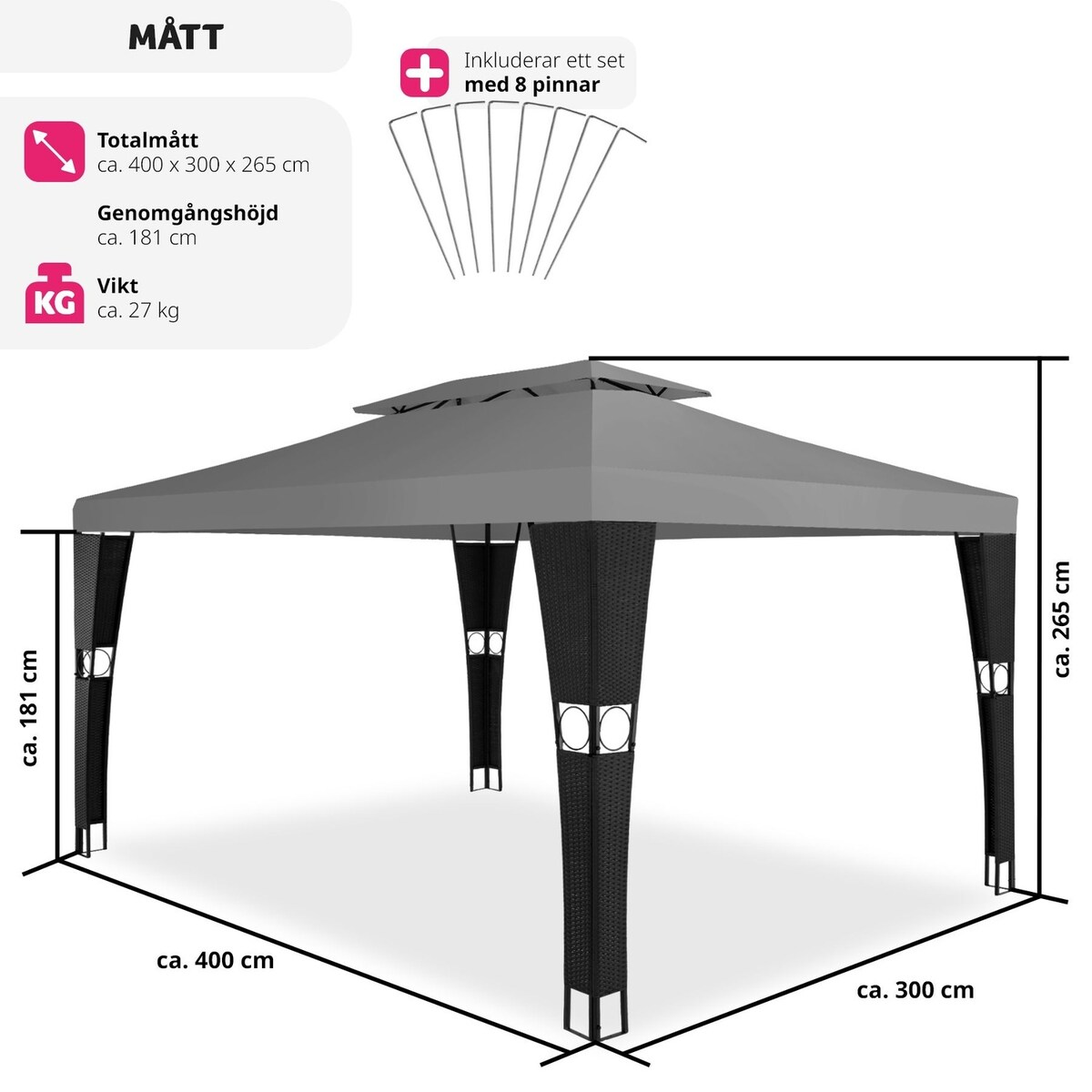 Paviljong poly rotting Mona 3x4m - svart/antrasitt