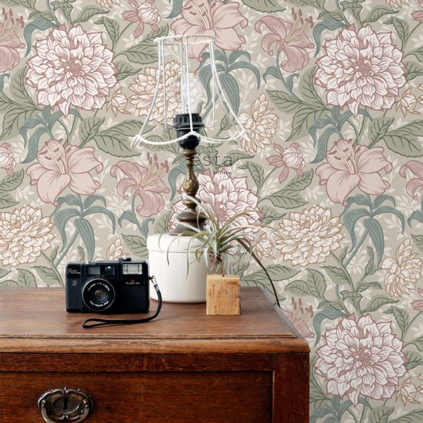 Estahome Vintage Bloemen Behang V - 0,53 x 10,05 m - Vergrijsd Blauw / Warm Grijs