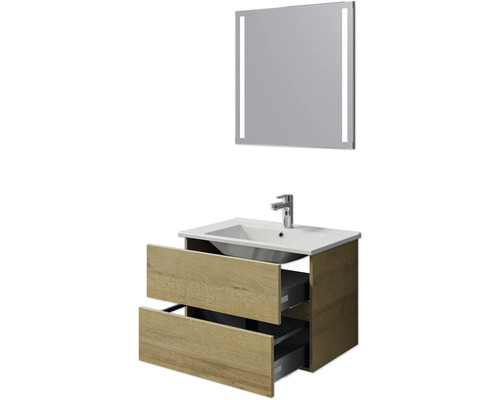 Badkamermeubelset Pelipal Cavallino (B x H x D 75 x 200 x 45 cm), frontkleur: Riviera eiken, met witte keramische wastafel, badmeubel en spiegel