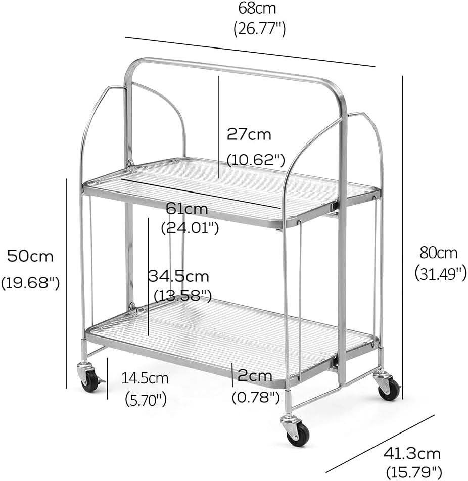 Servierwagen mit Rollen, Servierwagen Klappbar, Dinett 2 Tier Ablagekorb aus Temperglas with Wheels, für Küche, Barwagen, Rollwagen Metall, Teewagen, Weinwagen, moderner Getränkewagen