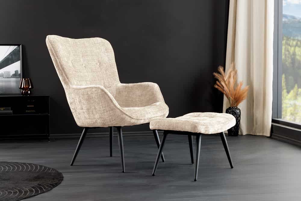 Design Sessel SCANDINAVIA champagner Chenille Cremona schwarz Metall mit Armlehne