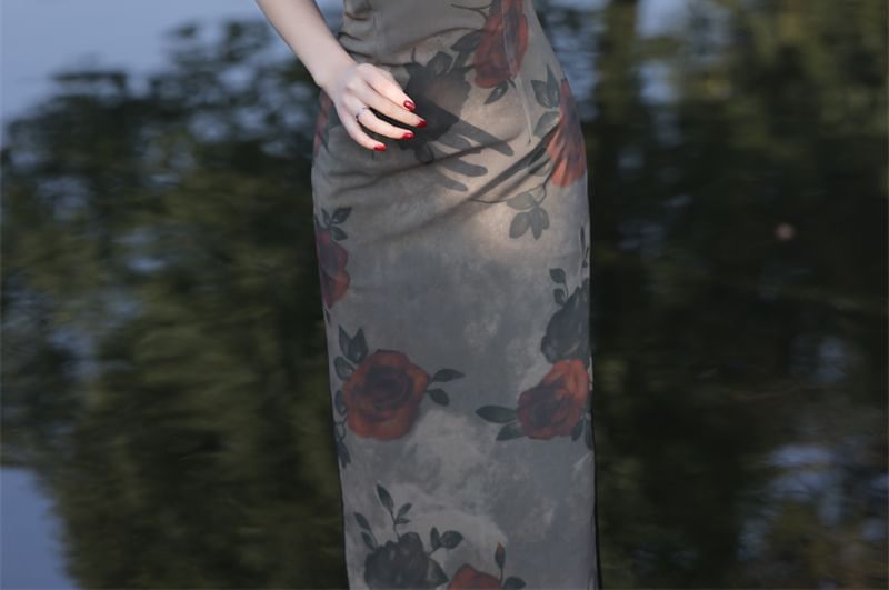 Catamin - Mouwloze midi-qipaojurk met kikkerprint en knopen