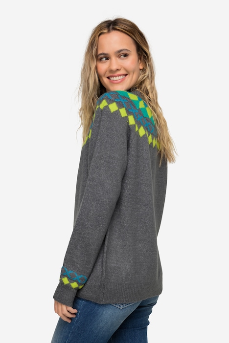 Norweger-Pullover, farbige Muster, Stehkragen, Raglan-Langarm