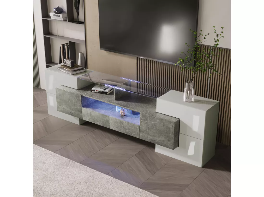 Meuble TV 2m en bois avec 2 tiroirs et 2 étagères ouvertes - Gris & Blanc