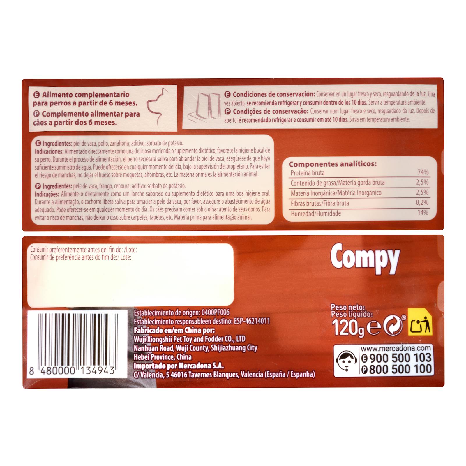 Os en cuir brut pour chien adulte Compy avec poulet et carottes