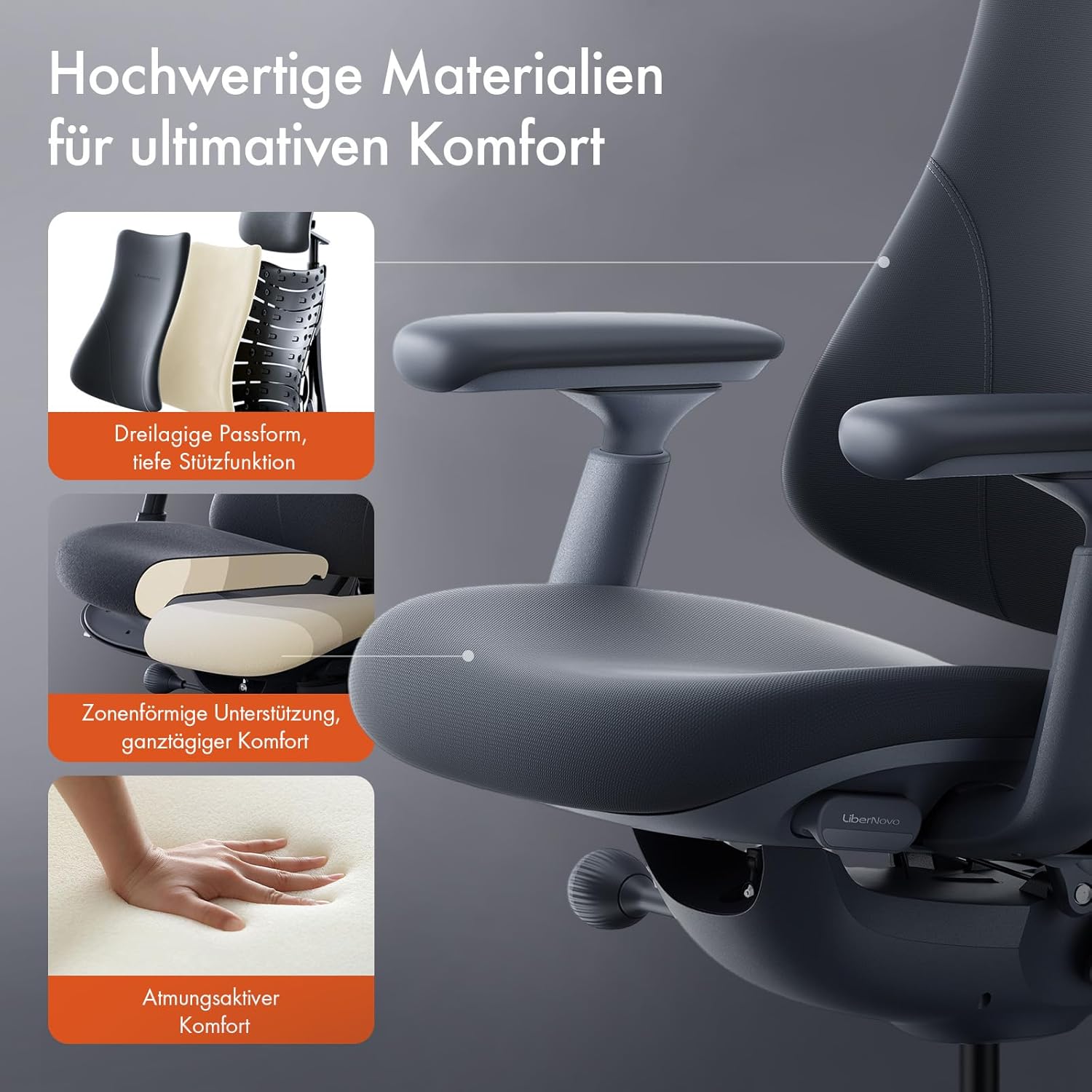 LiberNovo Ergonomischer Bürostuhl – Verstellbar mit adaptiver Lendenwirbelstütze, 160°-Neigungswinkel und integrierter Wirbelsäulendehnung, Grau, Sitztiefe 45 cm